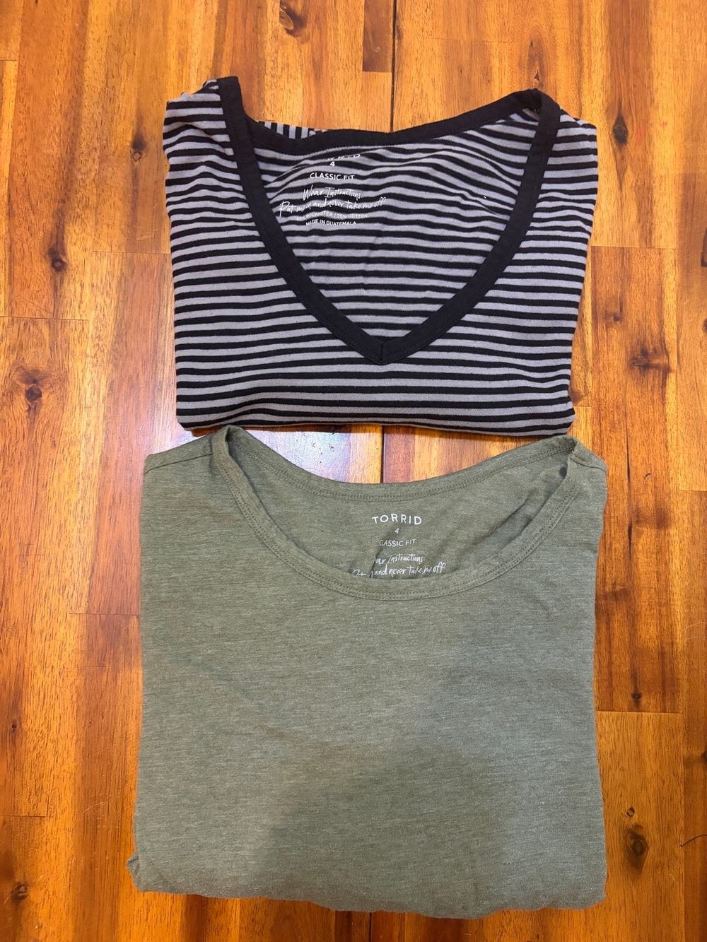 Torrid Olive Tee + Black & Gray Striped V-Neck Duo